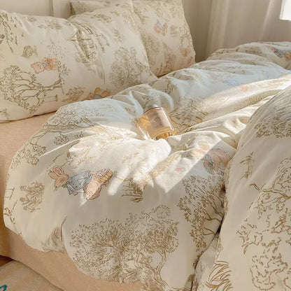 Cream-colored cotton duvet cover with delicate beige and pastel peter rabbit woodland illustrations in decorbites cartoon pattern bedding set