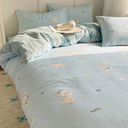 Light blue cotton bedding set with decorbites cartoon pattern featuring puppies hearts and happy text for bedroom use