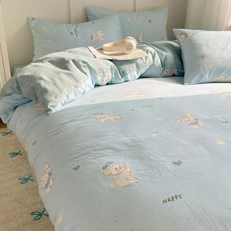 Light blue cotton bedding set with decorbites cartoon pattern featuring puppies hearts and happy text for bedroom use