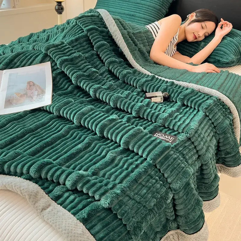 Emerald green corduroy throw blanket with plush faux rabbit plush light gray fleece lining from decorbites cozy faux collection