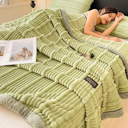 Light green corduroy throw blanket with plush faux rabbit fleece lining and gray trim for decorbites cozy faux comfort