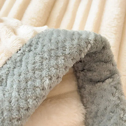 Soft gray plush blanket with fluffy textured surface and cream lining cozy faux rabbit decorbites bedroom shawl