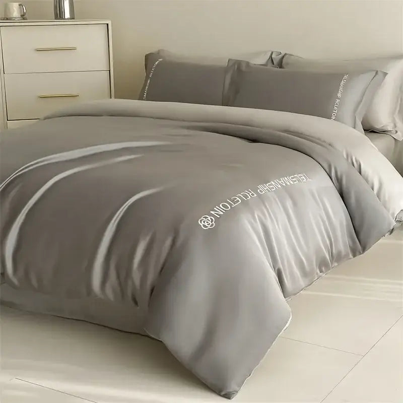 Gray satin duvet cover bedding set with white decorbites cotton embroidery for elegant bedroom decor