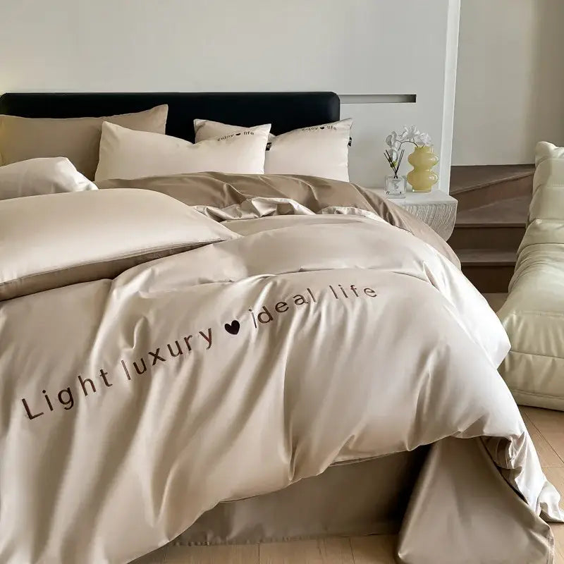 Beige satin duvet cover with light luxury embroidery in dark brown from light blue satin embroidery bedding set decorbites 120s long