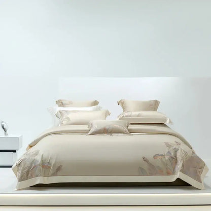 Beige satin bedding set with delicate peach and gray leaf embroidery in decorbites eucalyptus lyocell soft material
