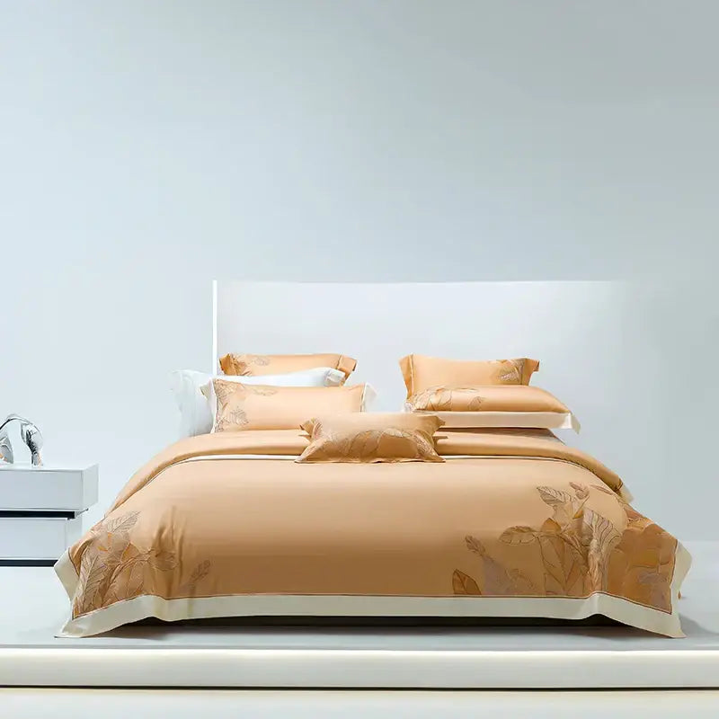 Beige satin bedding set with embroidered leaf patterns and cream piping from decorbites eucalyptus lyocell soft collection