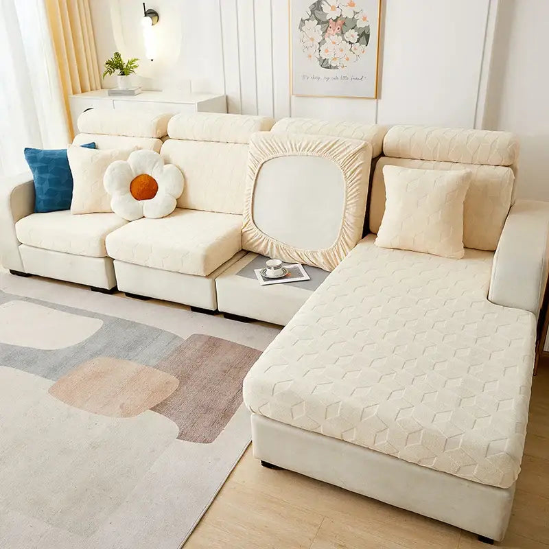Cream-colored stretchy jacquard sofa seat cover with quilted diamond pattern for decorbites jacquard sofa living room
