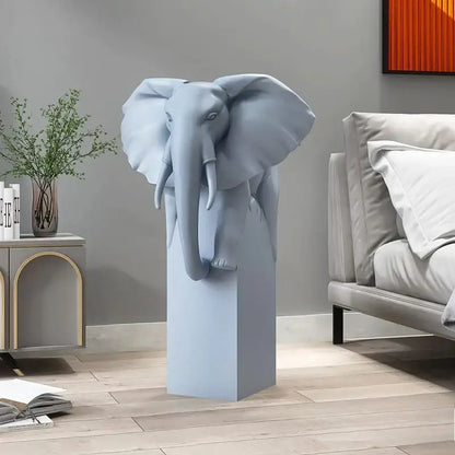 Light luxury light blue elephant head sculpture on matching pedestal base for elegant living room decorbites elephant ornaments