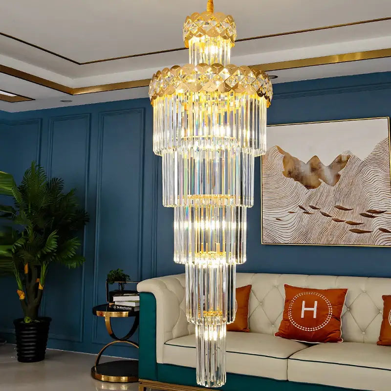 A multi-tiered gold crystal chandelier with illuminated glass rods for light luxury crystal decorbites light luxury living room