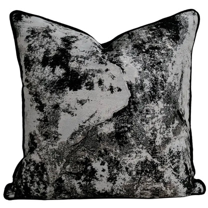 Black and silver distressed velvet pillow cover with textured mottled pattern for white light luxury living room decor