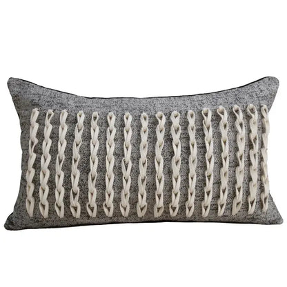 Gray textured rectangular pillow cover with cream braided accents for white light luxury designer living room decor