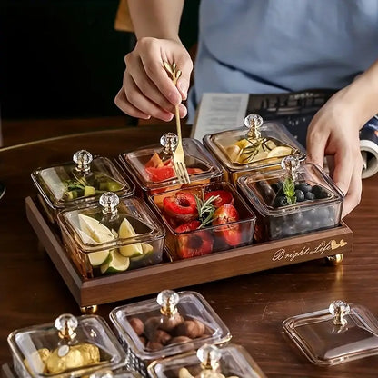 Set of six clear glass light luxury fruit plates with gold crystal knobs on a bamboo tray decorbites light luxury snack set