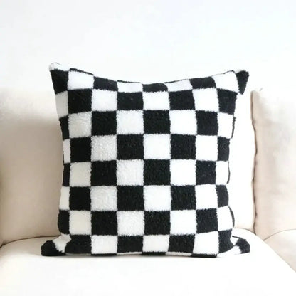 Black and white checkered pillow cover with plush fuzzy texture for decorbites light luxury living room decor