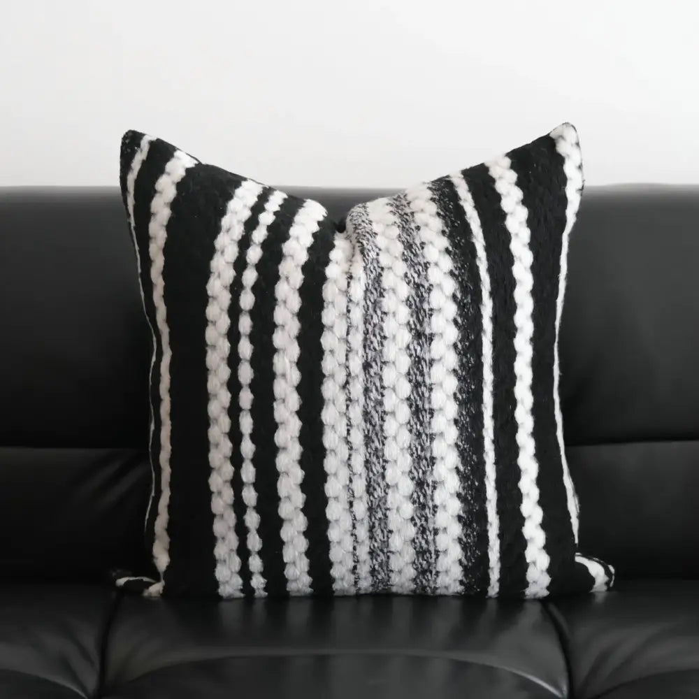 Black and white striped knit pillow cover with textured chunky yarn stripes for decorbites light luxury plush living room decor