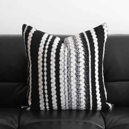 Black and white striped knit pillow cover with textured chunky yarn stripes for decorbites light luxury plush living room decor