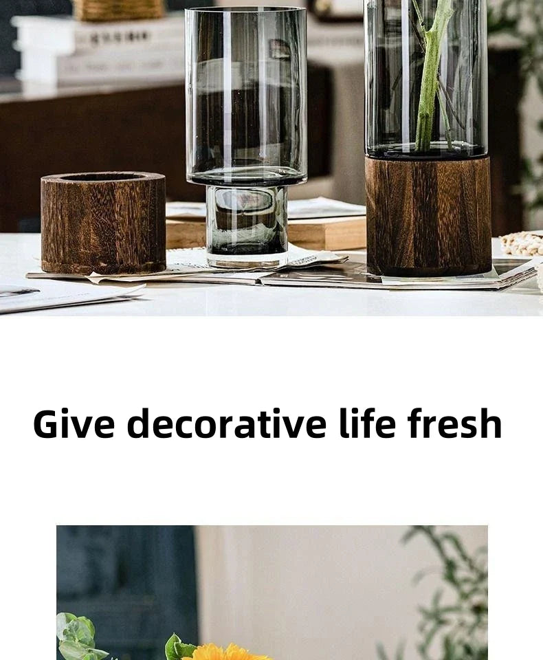 Tall sleek glass vases with dark wood bases in primary colors for creative retro living room table decoration