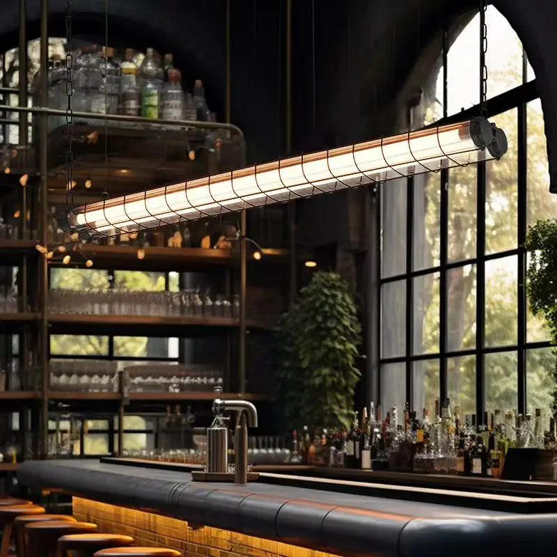 Industrial-style linear chandelier glass pendant lamp with exposed metal wiring and warm-toned glass tubes