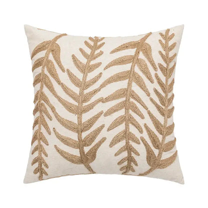 Cream-colored linen embroidery leaves cushion cover with intricate textured gold leaf embroidery for living room decorbites