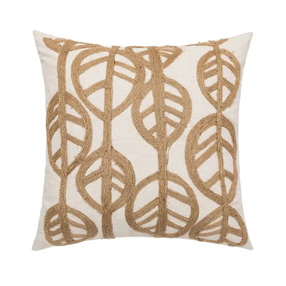 Cream-colored cushion cover with linen embroidery leaves in natural brown jute for beige living room decorbites decor