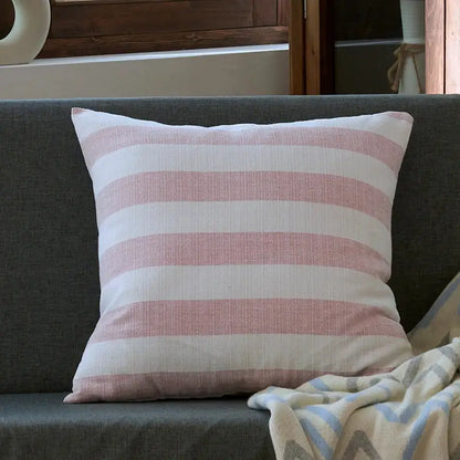 A soft blush pink and off-white linen stripe cushion cover from decorbites for living room decor