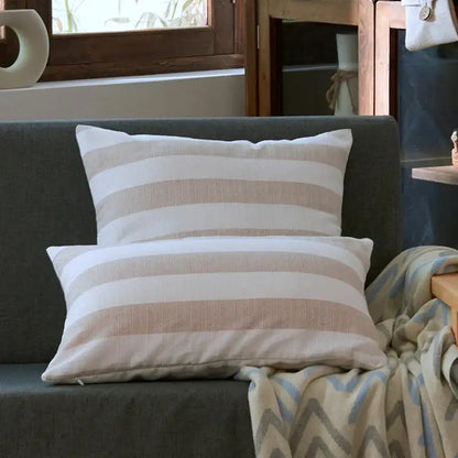 Two beige and off-white linen stripe cushion covers with horizontal stripes for living room decorbites linen stripe pillow