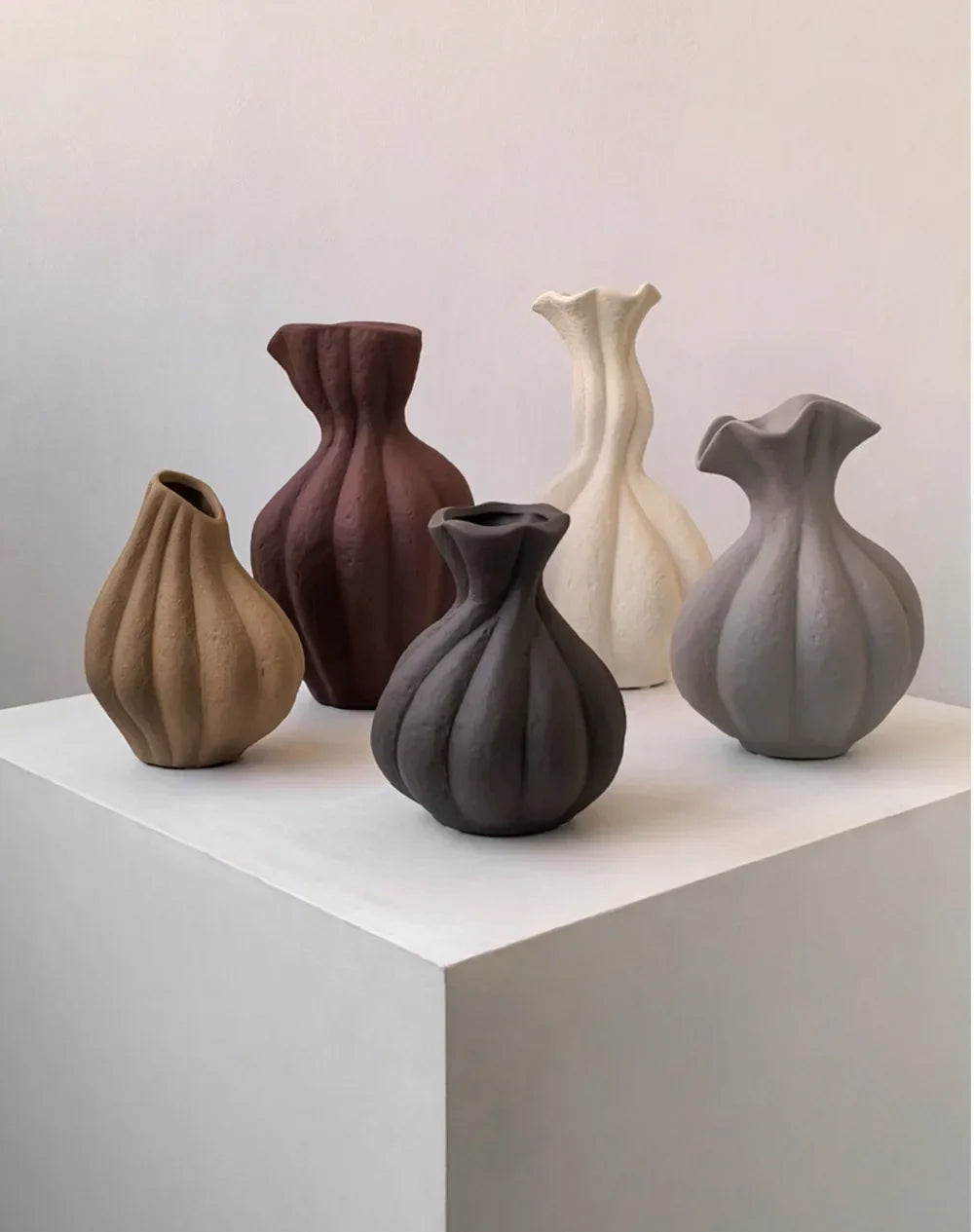 Livetai wabi-sabi handmade earthenware ceramic vases in earthy tones with ribbed organic shapes for modern boho decor