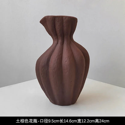 Livetai wabi-sabi handmade terracotta ceramic vase with fluted ribbed design and narrow spout for modern boho decor