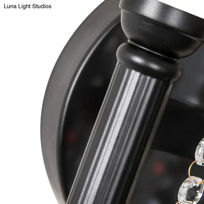 Black matte metal column wall lamp with vertical fluting fabric drum shade and crystal bead detail for bedroom use