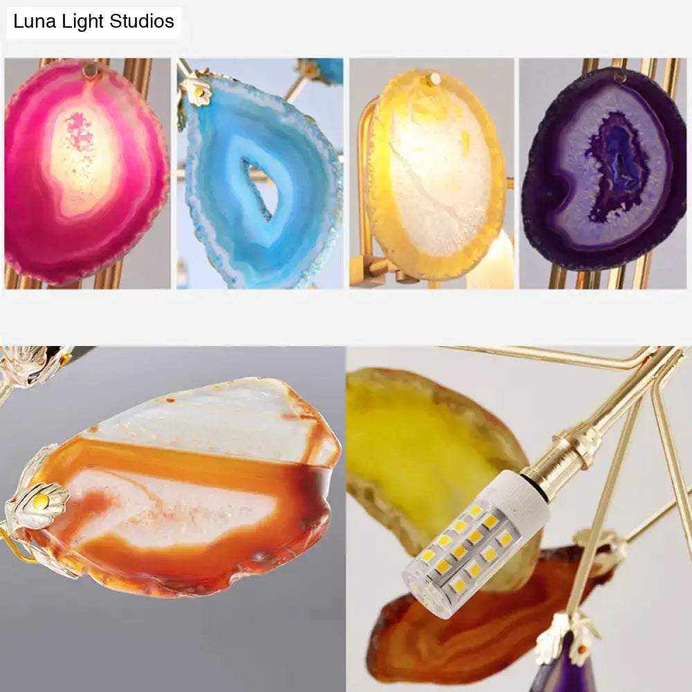 Lodge gold metallic branch wall lighting featuring colored crystal deco with vibrant agate slices in pink blue yellow and purple