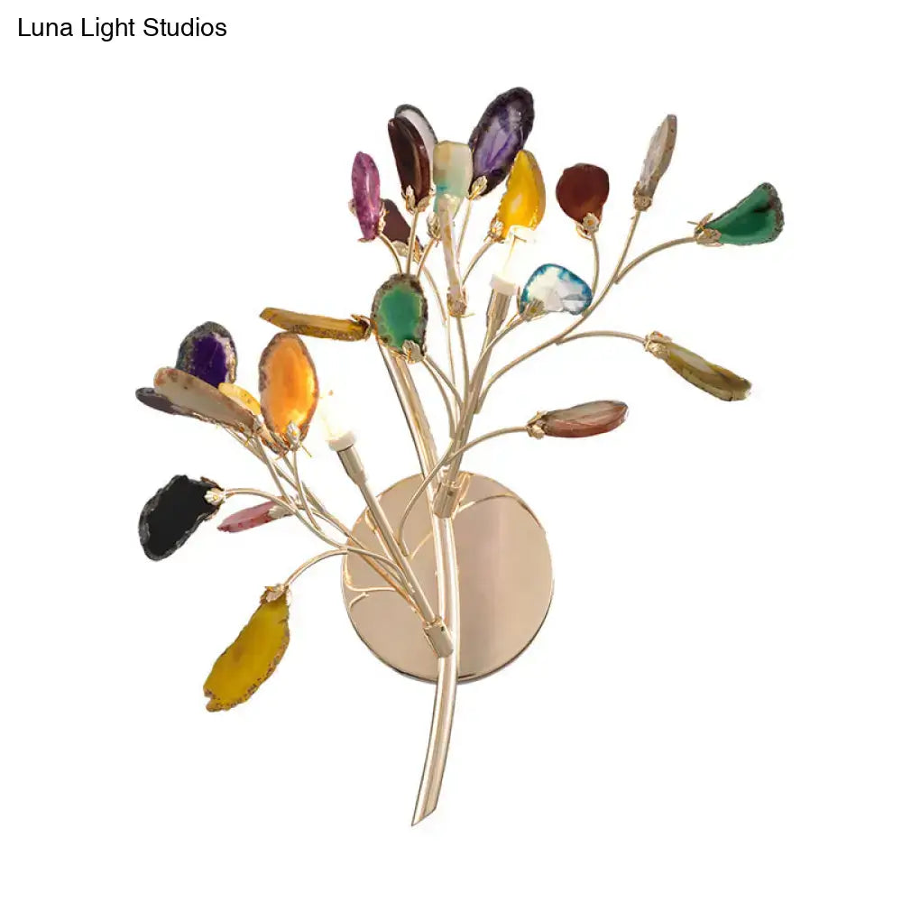 Lodge gold metallic branch wall lighting with vibrant tree-shaped design and colored crystal deco agate slices