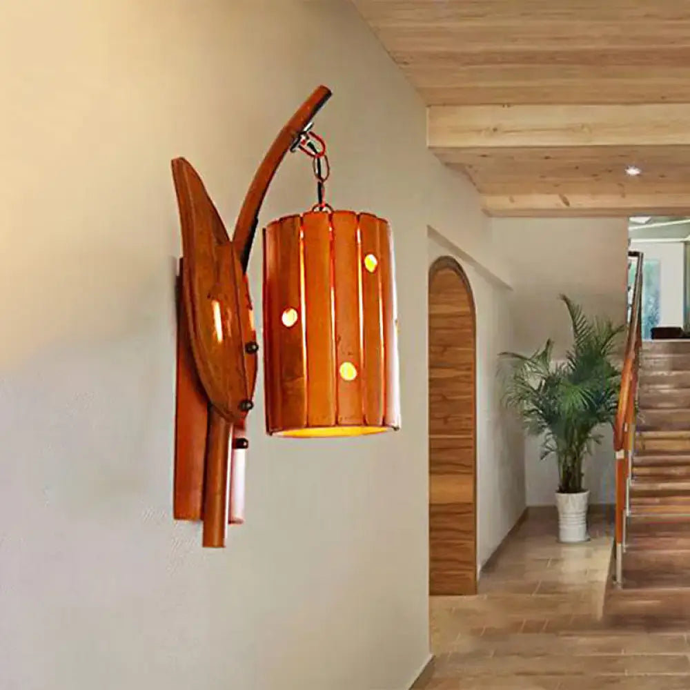 Lodge style brown wooden wall lamp with leaf bracket and vertical slat lantern for 220v-240v led incandescent fluorescent use