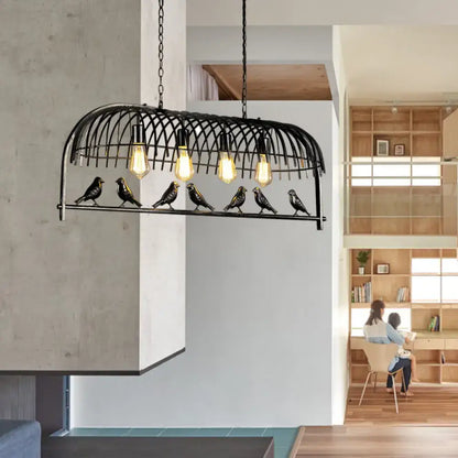 Decorbites metallic lodge style 4-light black wrought iron pendant light with bird design and chain cord wire guard