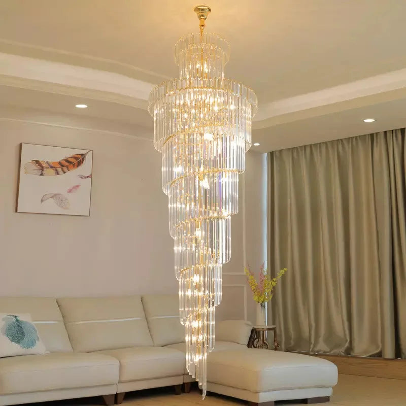 A long crystal staircase gold chandelier with cascading glass rods for luxury villa and hotel hall decor