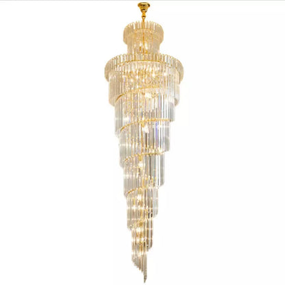A long crystal staircase gold chandelier with cascading clear glass rods designed for luxury hotel hall decor
