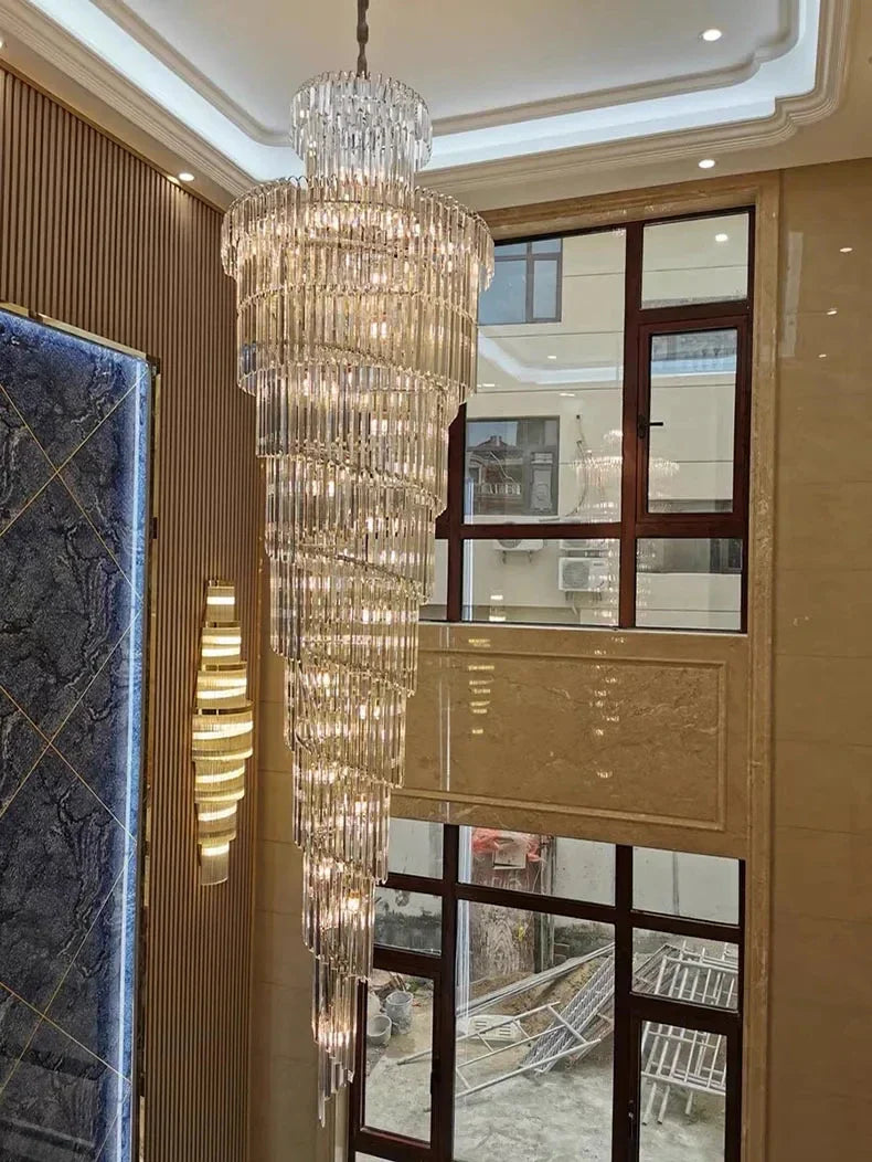Long crystal staircase gold chandelier with cascading glass rods and polished frame for hotel hall and luxury decor