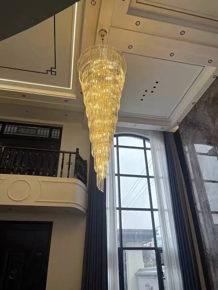 Golden crystal staircase gold chandelier with cascading tiers for luxury hotel hall and modern loft decor