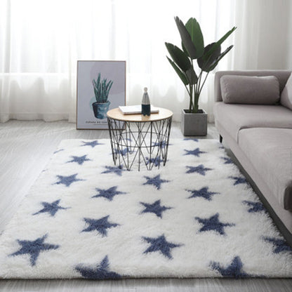 White star rug with blue stars plush polyester fiber long hair tie-dyed gradient carpet for living room and bedroom