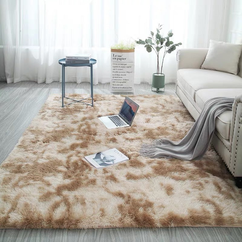 Beige and brown long hair polyester fiber shaggy area rug with floral pattern and gradient carpet texture for living room and bedroom