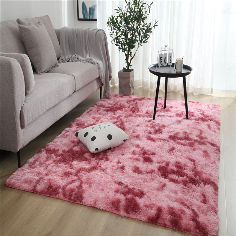 Long hair tie-dyed gradient carpet in pink cloud pattern with plush polyester fiber for living room and bedroom use