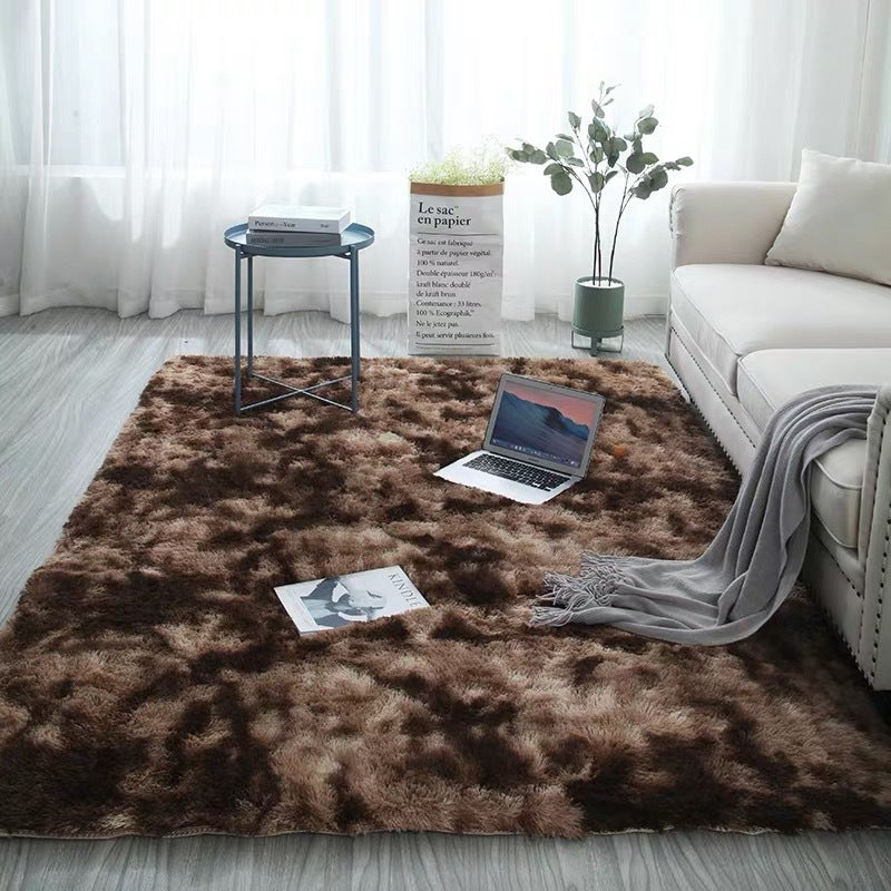Brown long hair tie-dyed gradient carpet with soft polyester fiber pile for modern living room and bedroom spaces