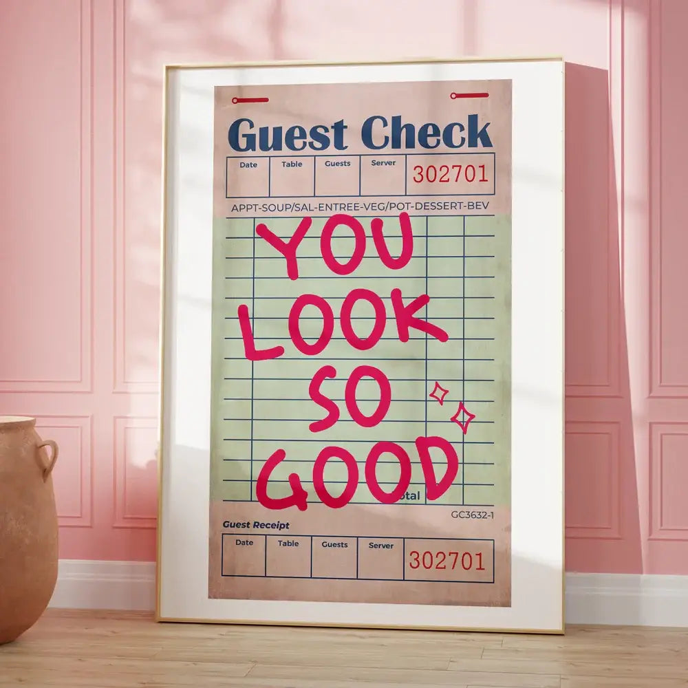 A framed DecorBites™ be kind love quote wall art canvas featuring bold pink handwritten love quote on vintage receipt background