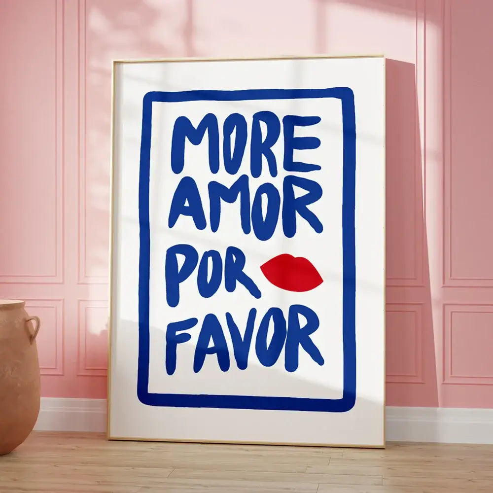 DecorBites™ be kind love quote wall art canvas with bold blue text more amor por favor and red lip print in gold frame