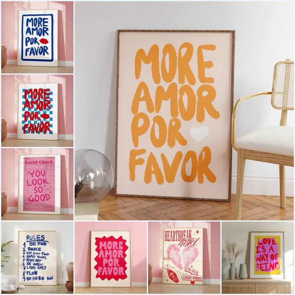 A framed decorbites™ wall art canvas featuring a bold orange kind love quote on a light pink background in wood frame