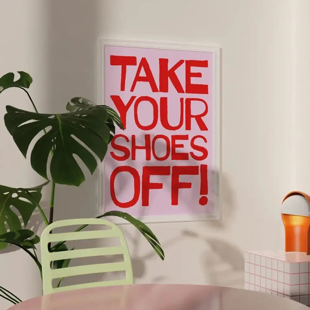 Decorbites™ be kind love quote wall art canvas featuring bold red take your shoes off text on light pink background