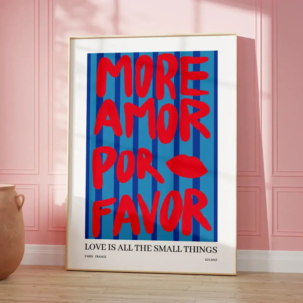 Decorbites™ be kind love quote wall art canvas with bold red text more amor por favor in gold frame on blue stripes background