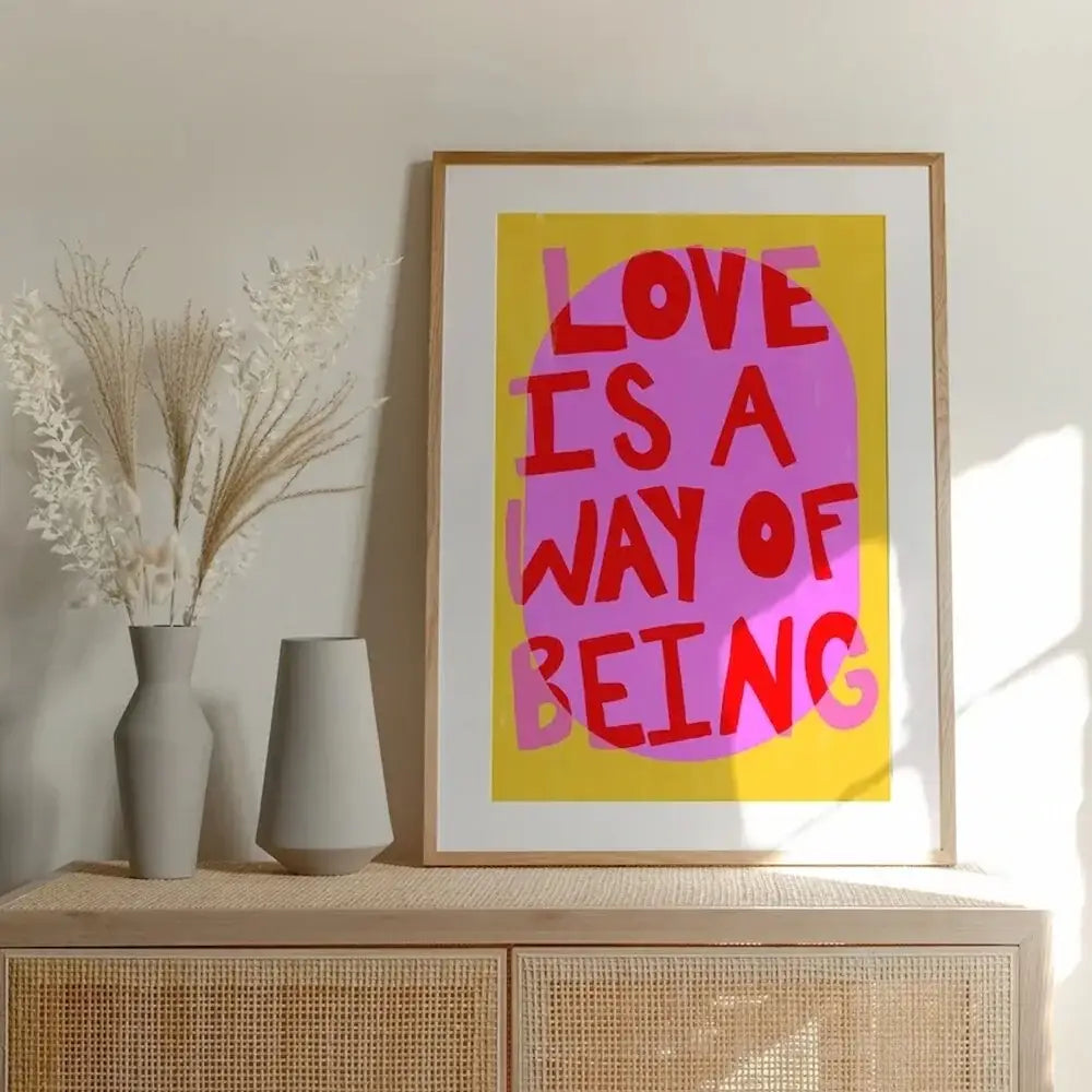 Decorbites™ be kind love quote wall art canvas featuring vibrant red text on yellow background in light wood frame