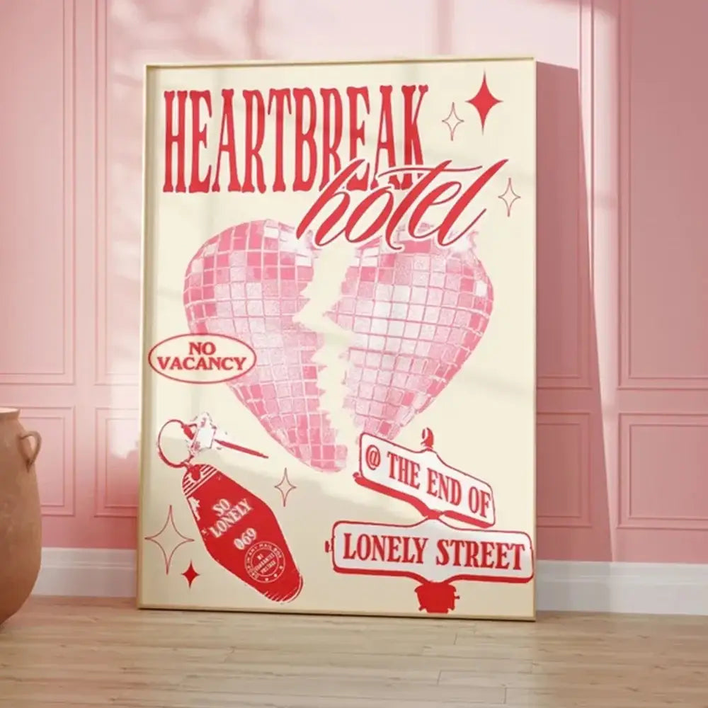 DecorBites™ vintage-style wall art canvas with pink disco ball heart and red kind love quote text on cream background