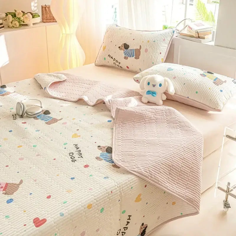 Pastel pink quilted cotton mattress mat with decorbites cartoon pattern featuring happy dog design for bedroom bedding