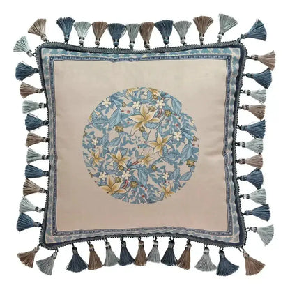 Square cushion cover with beige base and decorbites camellia floral velvet embroidered design in blue and gold tones