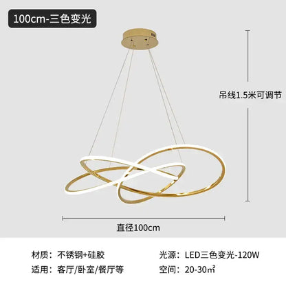 Luxe four leaf gold stainless steel pendant lamp with three interlocking rings and adjustable cords for dining room